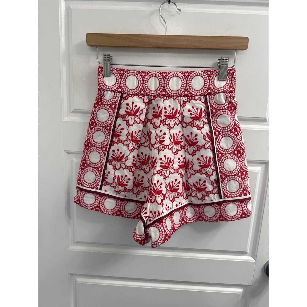 Maje Red White Floral Embroidered Eyelet High Waist Shorts Size 34 XS Summer